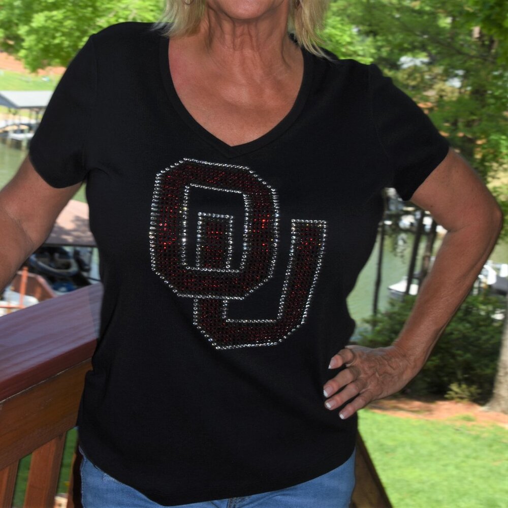 Oklahoma Sooners black short sleeve Vneck shirt  XS,S,M,L,XL,XXL,1X,2X,3X,4X,5X